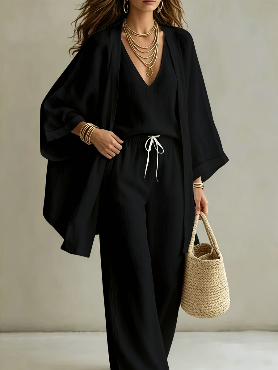 3pcs Set, Women's Spring/summer Vacation-style Loose Spaghetti Strap Tank Top with Cardigan and Loose Wide-leg Pants Casual Set, Elegant and Fashionable, Comfortable and Casual, Suitable for Commuting Wear - Black