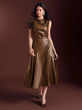 Women'S Sleeveless Dress, Off-Shoulder Waist-Cinching Flared High-End Texture Liquid Lustrous Long Dress, Suitable for Evening Parties, Annual Meetings, And Formal Wear, Comfortable And Body-Shaping - 【Brown】