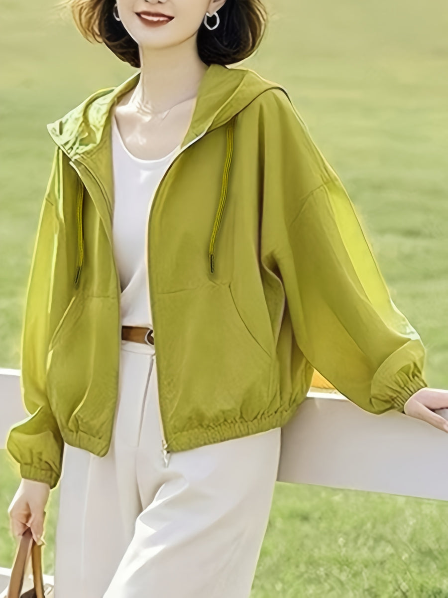 New Short Hooded Spring/Autumn Lightweight Loose-Fit Jacket Top for Petite Women - Yellow-green