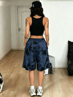 High-Waisted Wide-Leg Shorts with Tie-Dye Print - Elastic Waistband & Drawstring Suitable for Summer, Loose-Fit Pants, Non- Wide-Leg Trousers for, Casual, Office, Machine Washable - Navy Color