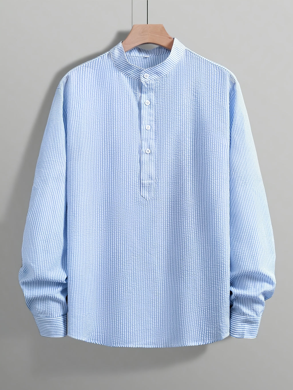 Lightweight, Breathable, Loose Casual. Suitable for Summer Vacation, Parties, Office Daily Wear, And As a Gift. Trendy Men'S Half-Button Stand Collar Long Sleeve Shirt, Lightweight And Breathable, Loose Casual Design, Ideal for Summer Holidays - Blue