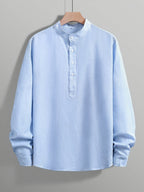 Lightweight, Breathable, Loose Casual. Suitable for Summer Vacation, Parties, Office Daily Wear, And As a Gift. Trendy Men'S Half-Button Stand Collar Long Sleeve Shirt, Lightweight And Breathable, Loose Casual Design, Ideal for Summer Holidays - Blue