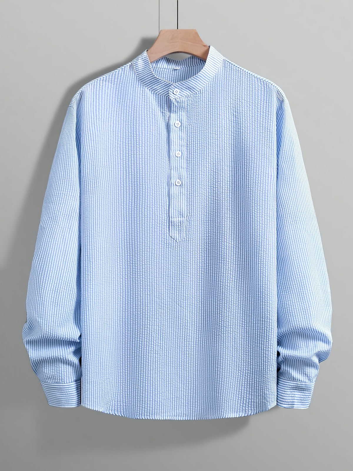 Lightweight, Breathable, Loose Casual. Suitable for Summer Vacation, Parties, Office Daily Wear, And As a Gift. Trendy Men'S Half-Button Stand Collar Long Sleeve Shirt, Lightweight And Breathable, Loose Casual Design, Ideal for Summer Holidays - Blue