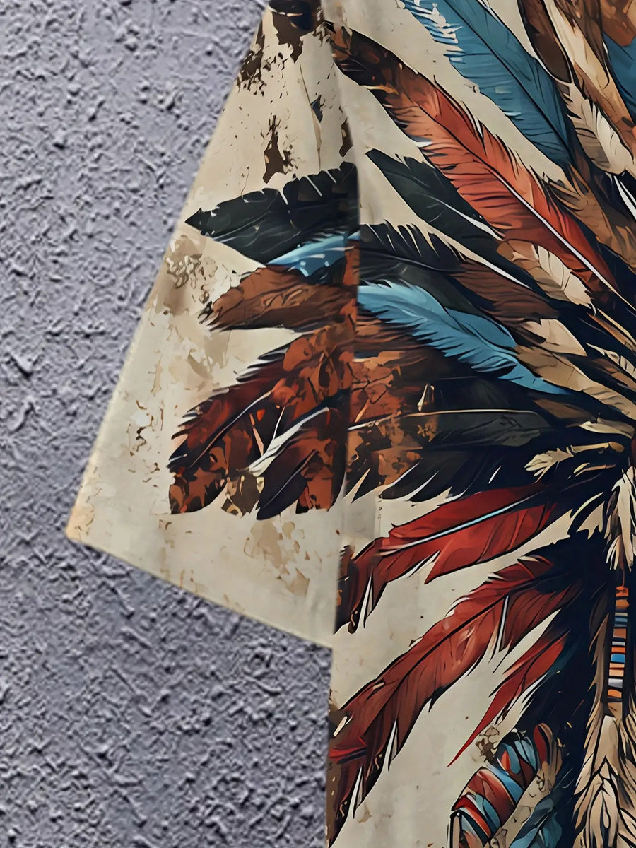 Printed Design – Not Textured Men's Indigenous Chief Print T-Shirt - Tribal Headdress and Feather Design, Vibrant Colors, Polyester Fabric, Comfortable Casual Wear, Suitable for Cultural Events and Leisure Occasions - Men's Ethnic Style T-Shirt - Cream Color