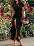 Women's Long-length Twisted Waist A-line Slit Hem Slim-fit Dress, Elegant and Chic for Summer Solstice - Black