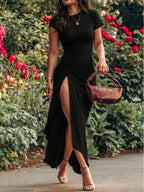 Women's Long-length Twisted Waist A-line Slit Hem Slim-fit Dress, Elegant and Chic for Summer Solstice - Black