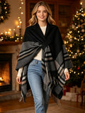 Women's Printed Front-Open Cardigan, Casual Shawl Cape Sweater, Wearable Blanket for Autumn, Winter, and Evening Wear - Deep Grey