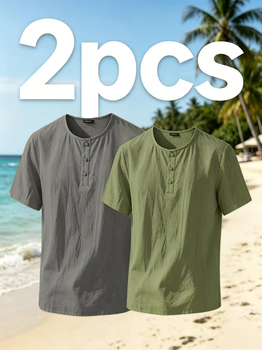 Men'S Summer Short-Sleeve T-Shirt Set, 2Pcss Beach Casual Breathable Top, Easy Design for Pool Parties And Beach Vacations, Ideal Gift for Beachwear, Daily Casual Relaxed (2Pcss Set) - Grey+Army Green
