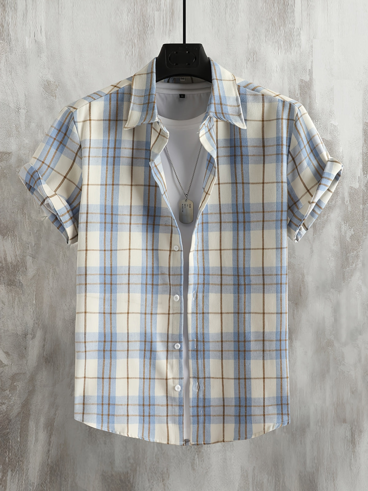 Men's Plaid Button-Up Short-Sleeve Shirt - Collar Button-Front Closure, Machine Washable Suitable for Dates, Spring Summer Casual Wear, Gift for Husband, Plaid Pattern.com-Compatible for Plaid Designs - Bright Steel Blue