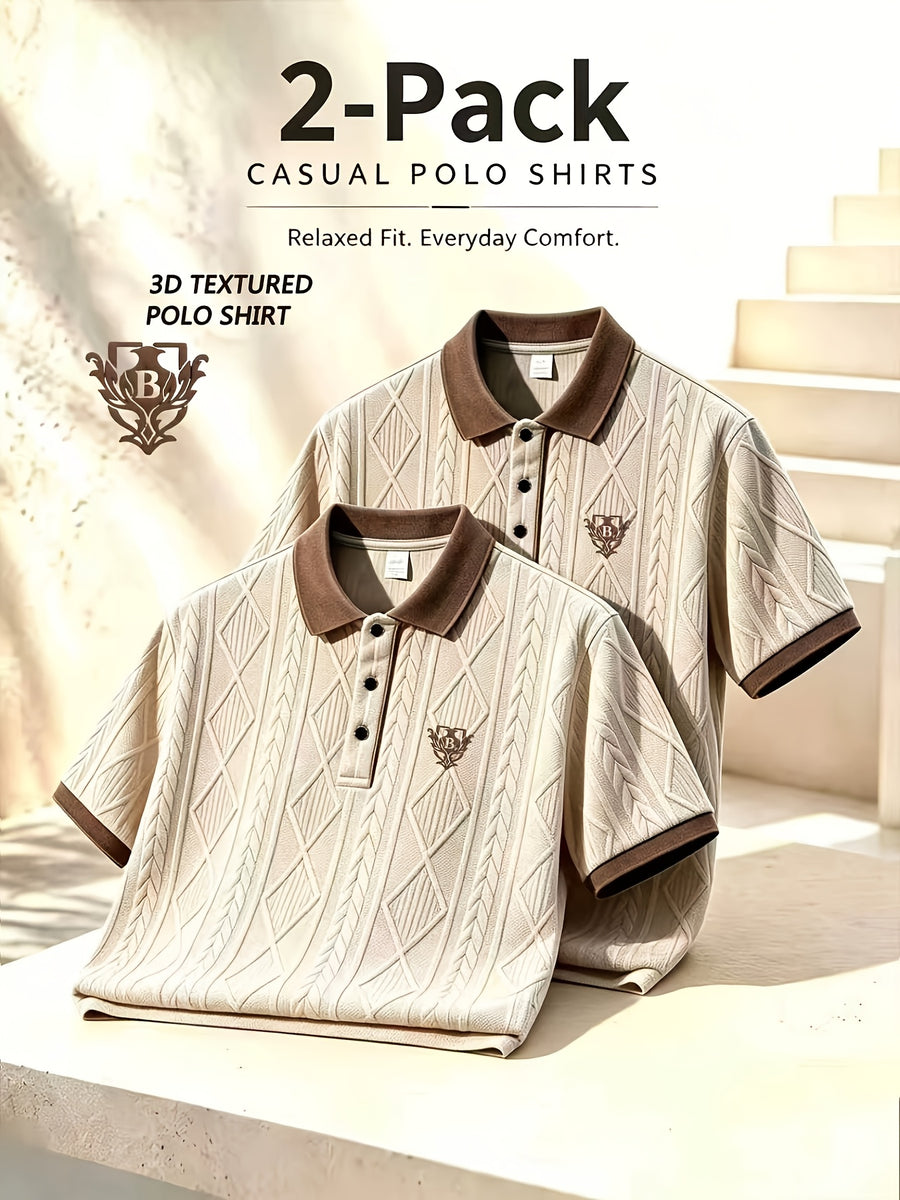 2pcs, High-Quality Men'S Short Sleeve Collared Casual Polo Shirts, 3D Foam Classical Vase Pattern, Textured Ribbed Fabric, Soft And Skin-Friendly Quick-Dry, 3D Cut, Understated And Tasteful. Suitable for Business Office, Outdoor Sports - Apricot + Apricot