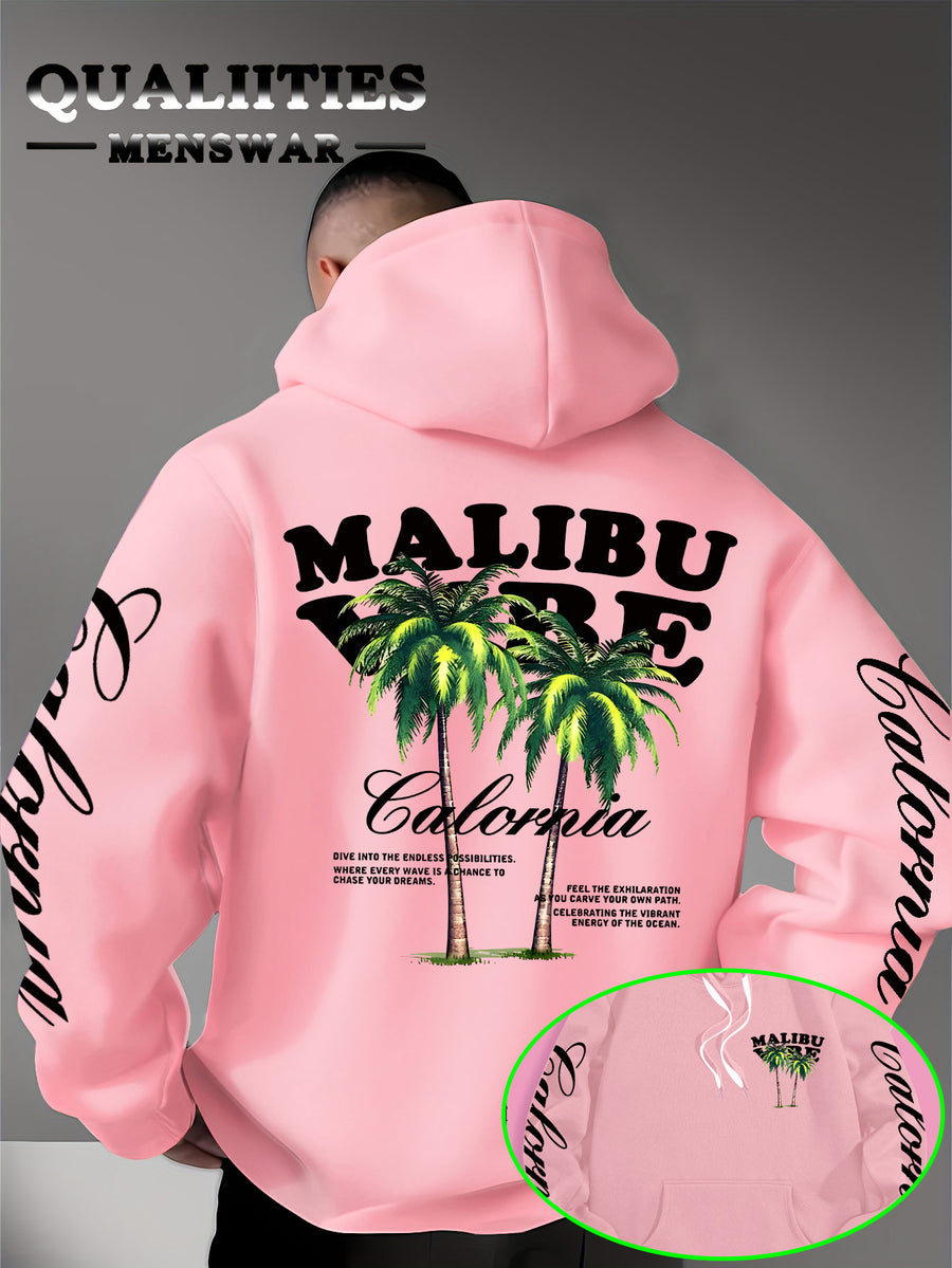 Men'S Casual Stylish Quality Hoodie Featuring The MALIBU VIBE Design with Two Palm Trees, Embodying The American California Beach Vibe Filled with Sunshine, Freedom, Knit - Pink Color