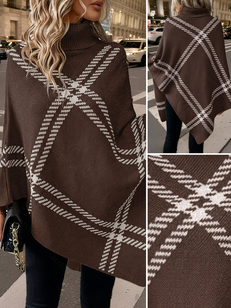 Elegant Special "Pure Body Bust" 1pc Elegant Women's Plaid High-Neck Pullover Shawl, Side Faux Button Decoration, Asymmetrical Hem Design, 100% Polyester, Fashionable Vintage Pullover, Elegant Outerwear for Autumn and Winter. Suitable for Spring - Coffee Color