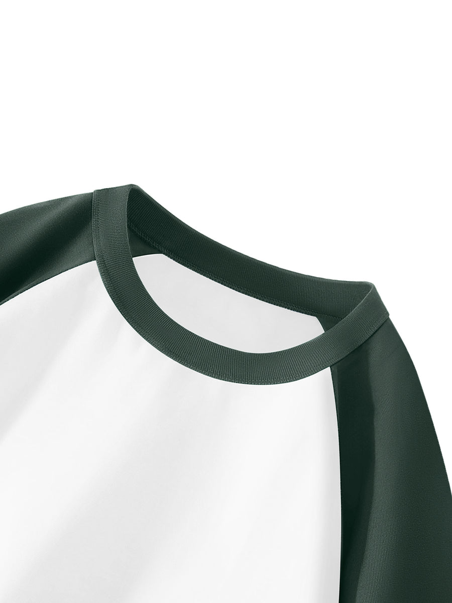 Huairui 100% Pure Color-Block Raglan Long Sleeve T-Shirt for Men, Crew Neck, Color Spliced, Casual, Versatile Base Layer for Spring and Autumn - Green