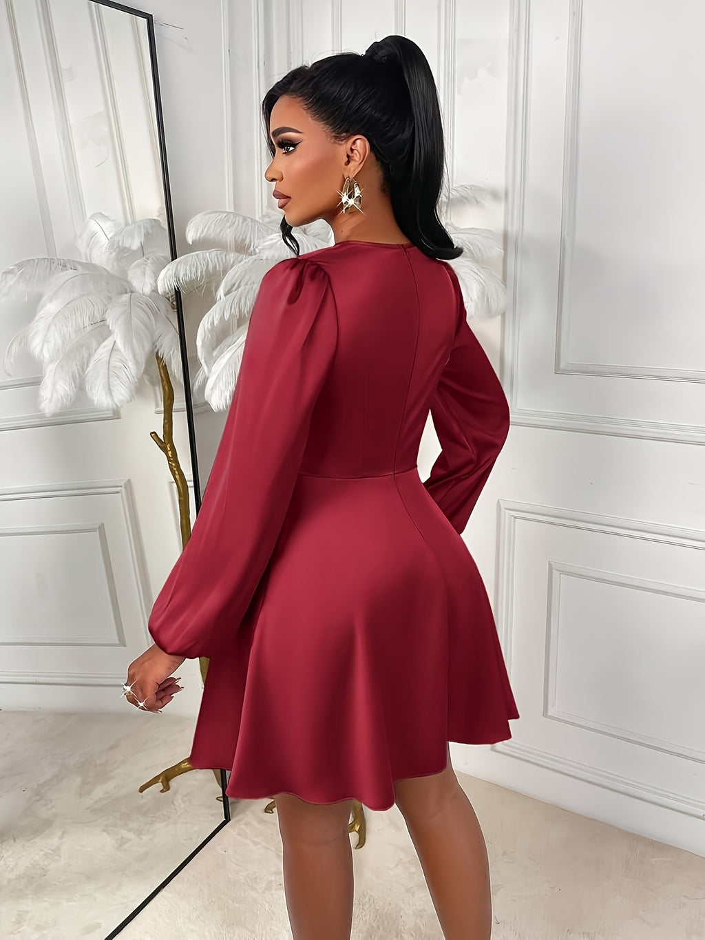 Ladies' New Fashion Court Style Puff Sleeve Dress, Elegant Wine Red Satin Waist-Cinched Short Dress, Light Luxury Socialite Style New Year Party Gown - Burgundy
