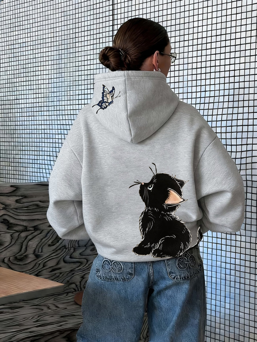 Fun 1pc Hooded Sweatshirt with Hand-Drawn Cute Little Black Cat Illustration Featuring a Butterfly, Pet Element, and Adorable Style Apparel Print - Light Grey