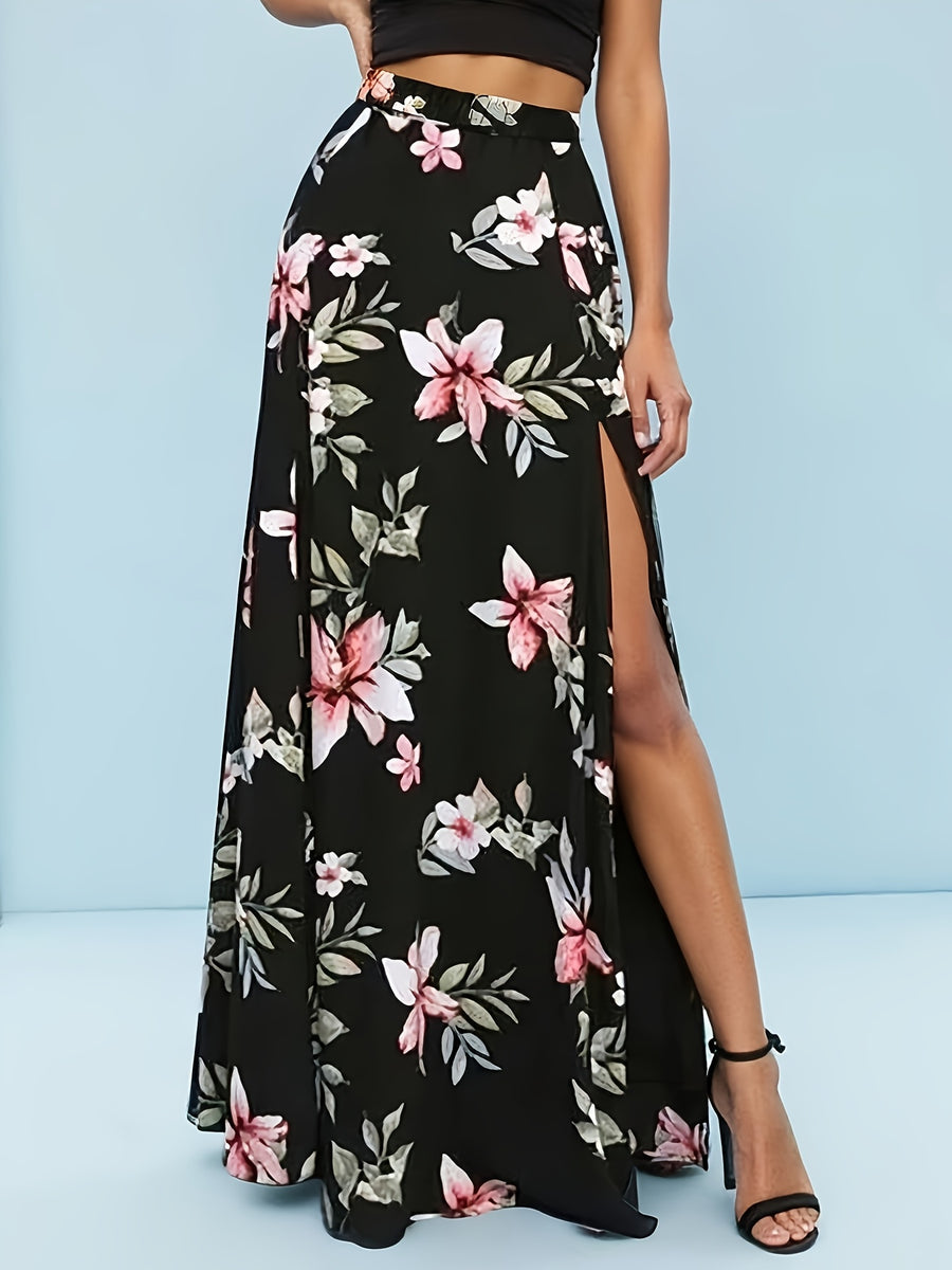 New Printed Slit Maxi Skirt, Flowy Vacation-style Long Dress - Black