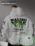 Men'S Casual Stylish Quality Hoodie Featuring The MALIBU VIBE Design with Two Palm Trees, Embodying The American California Beach Vibe Filled with Sunshine, Freedom, Knit - Light Grey