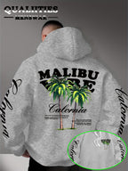 Men'S Casual Stylish Quality Hoodie Featuring The MALIBU VIBE Design with Two Palm Trees, Embodying The American California Beach Vibe Filled with Sunshine, Freedom, Knit - Light Grey