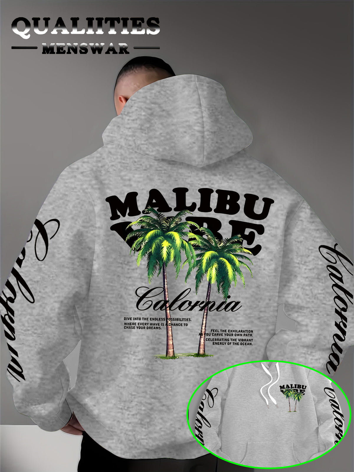 Men'S Casual Stylish Quality Hoodie Featuring The MALIBU VIBE Design with Two Palm Trees, Embodying The American California Beach Vibe Filled with Sunshine, Freedom, Knit - Light Grey