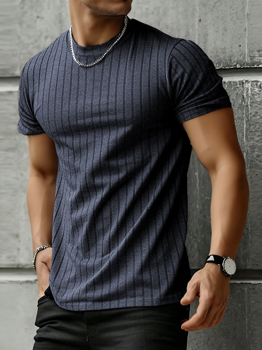 Josh Rose OBM Men's Short Sleeve T-Shirt, Summer Breathable Crew Neck Knitted Jacquard Casual Fashion Outerwear, Comfortable High-Quality Men's Top - Grey