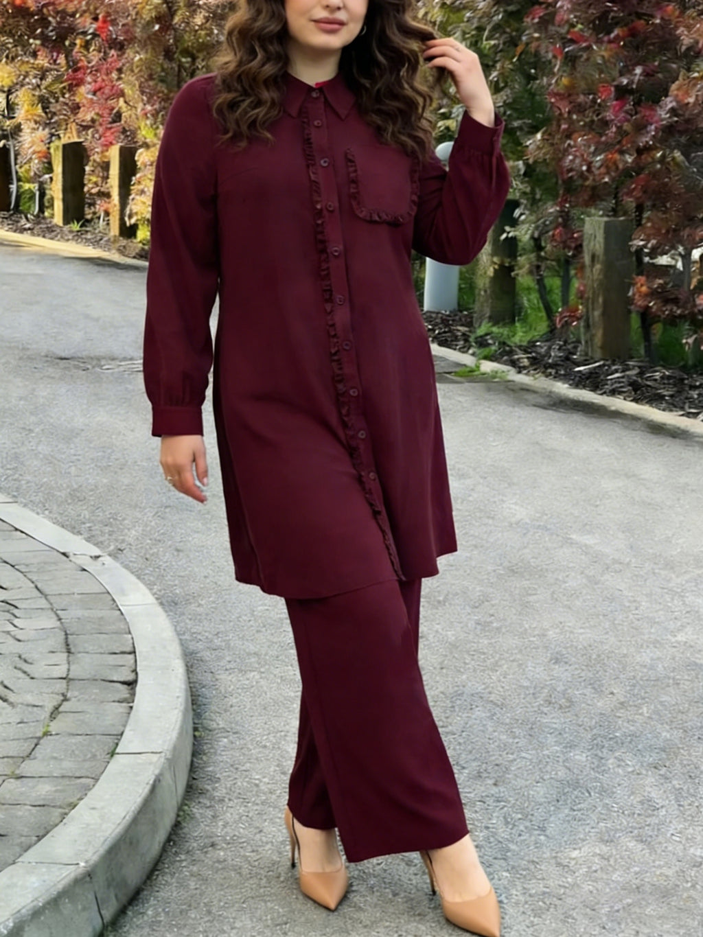 Eid | Elegant Plain Fril Muslim 2pcs Jalabiya Set | Elegant Abaya Women Modest with Pocket & Placket Ruffle Trim + Loose Wide-Leg Pants | Daily Home Leisure Commute Wear - Fuchsia
