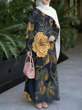 Women'S Hot Middle Eastern Style Muslim Elegant Robe, Black Background with Golden Large Rose Print, Grand Light Luxury Long Sleeve Flared Dress, Ideal for Festivals, Gatherings, And Travel, Good Drape Non- Craft - Mixed colors