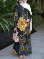 Women'S Hot Middle Eastern Style Muslim Elegant Robe, Black Background with Golden Large Rose Print, Grand Light Luxury Long Sleeve Flared Dress, Ideal for Festivals, Gatherings, And Travel, Good Drape Non- Craft - Mixed colors
