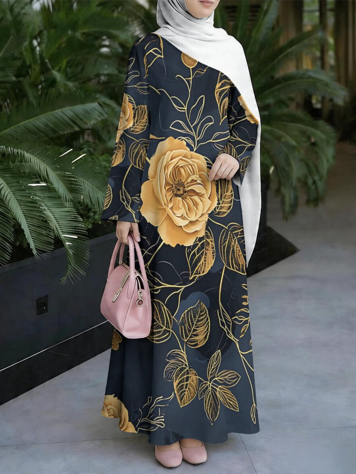 Women'S Hot Middle Eastern Style Muslim Elegant Robe, Black Background with Golden Large Rose Print, Grand Light Luxury Long Sleeve Flared Dress, Ideal for Festivals, Gatherings, And Travel, Good Drape Non- Craft - Mixed colors
