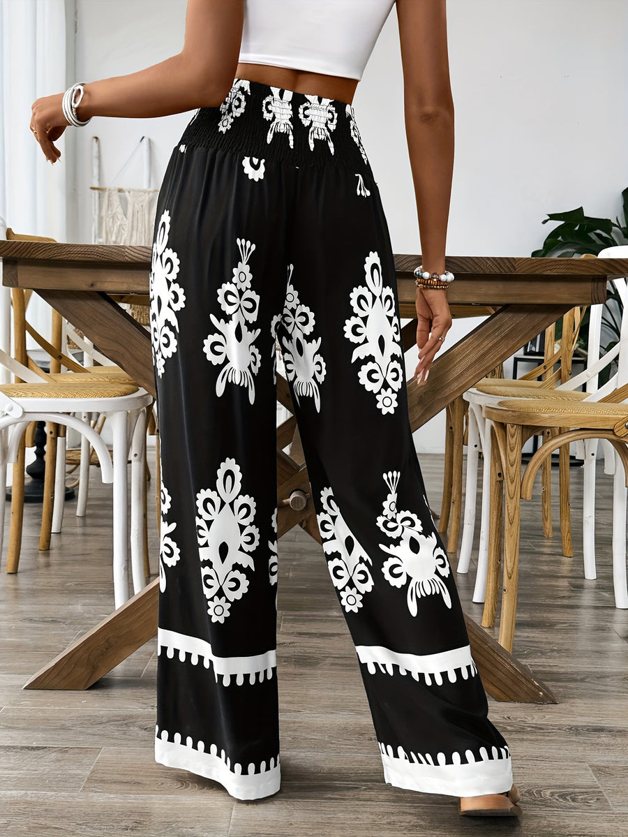 Floral Waist-Tie Fashion Casual Printed Pants, Women's Long Wide-Leg Trousers - Black