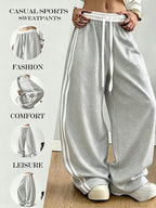 Street-style Color-block Striped Elastic Waistband Sweatpants, Loose-fitting, Figure-flattering, Drapey, and Relaxed-style Wide-leg Casual Trousers - Light Grey