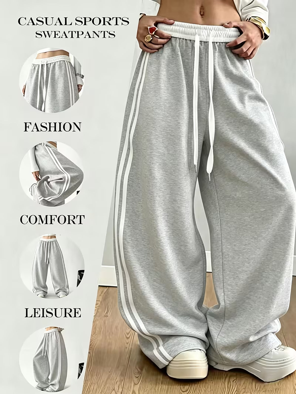 Street-style Color-block Striped Elastic Waistband Sweatpants, Loose-fitting, Figure-flattering, Drapey, and Relaxed-style Wide-leg Casual Trousers - Light Grey