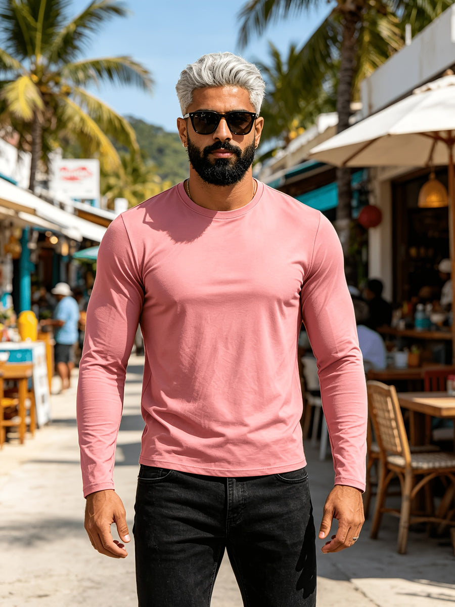 New Spring/Summer Men's Top, Fashionable Sporty Cotton Crew Neck Long Sleeve, Casual and Comfortable, Lightweight Summer Outerwear, Trendy Style - Pink Color