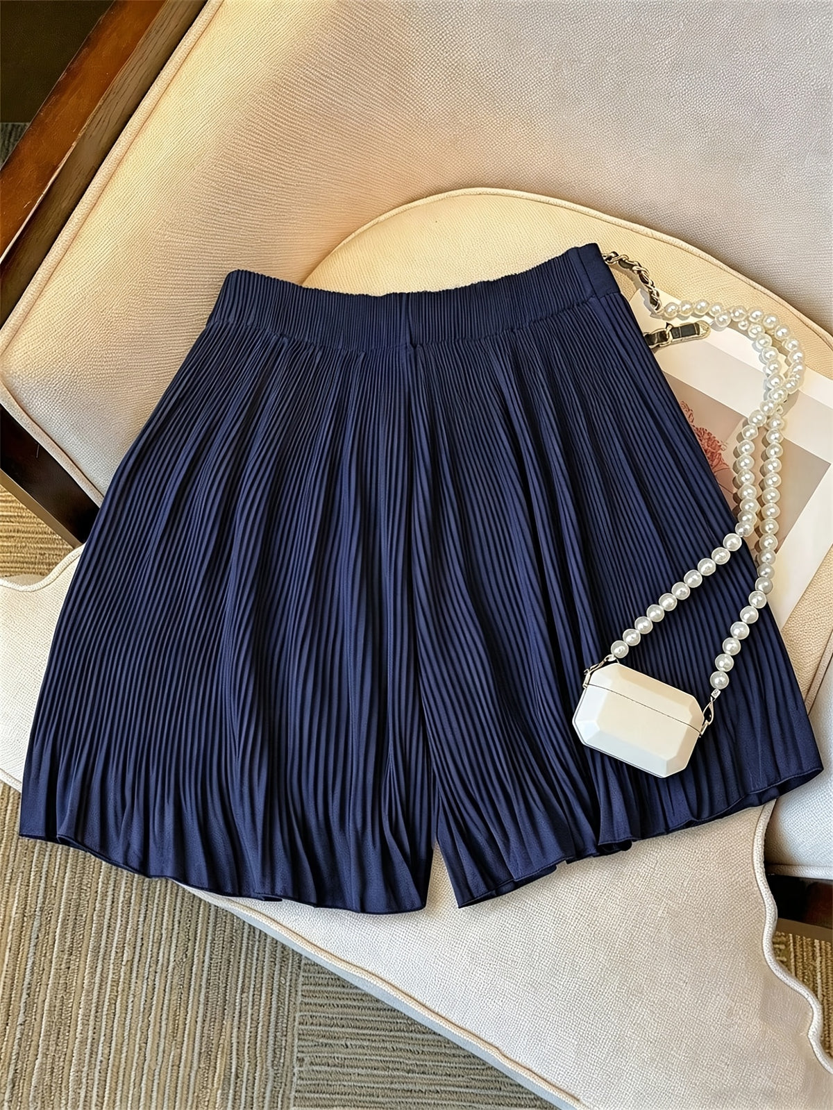 Women'S Summer Shorts, Solid Color Loose New Fashion All-Match Pleated Shorts - Navy Color