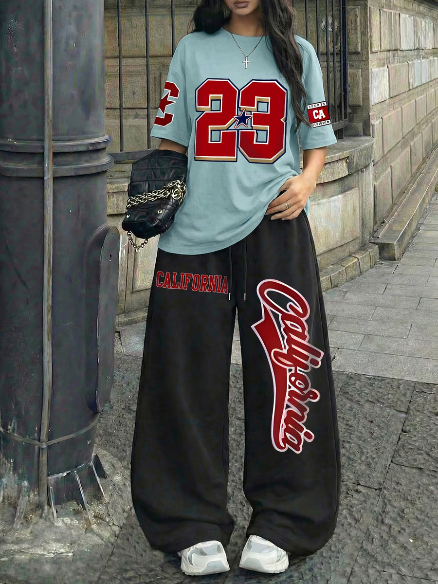 Casual Streetwear 58.42 cmCalifornia" Print Crew Neck Short Sleeve Top and Loose Drawstring Long Pants 2pcs Set, Women's Jersey Sporty Style Outfit, Suitable for Summer Street Style Hot - Blue+black