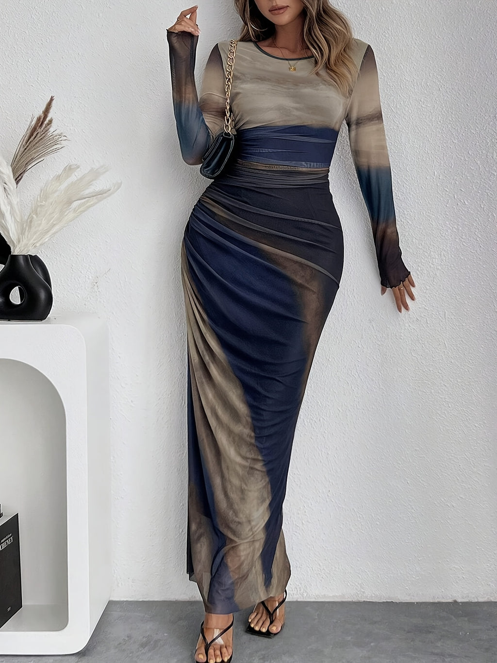Women'S Valentine'S Day Date Holiday Round Neck Color Block Mesh with Lining Bodycon Long Christmas Party Dress - Mixed colors