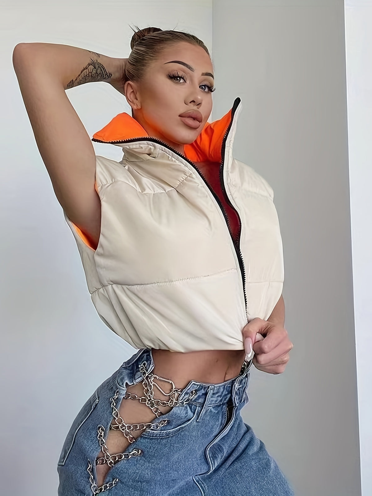 High-Neck Sleeveless Short Winter Reversible Padded Vest - Ivory White