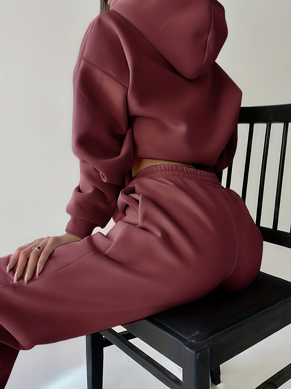 Women's Autumn/Winter New Hooded Sweatshirt Solid Color Set - Bean color