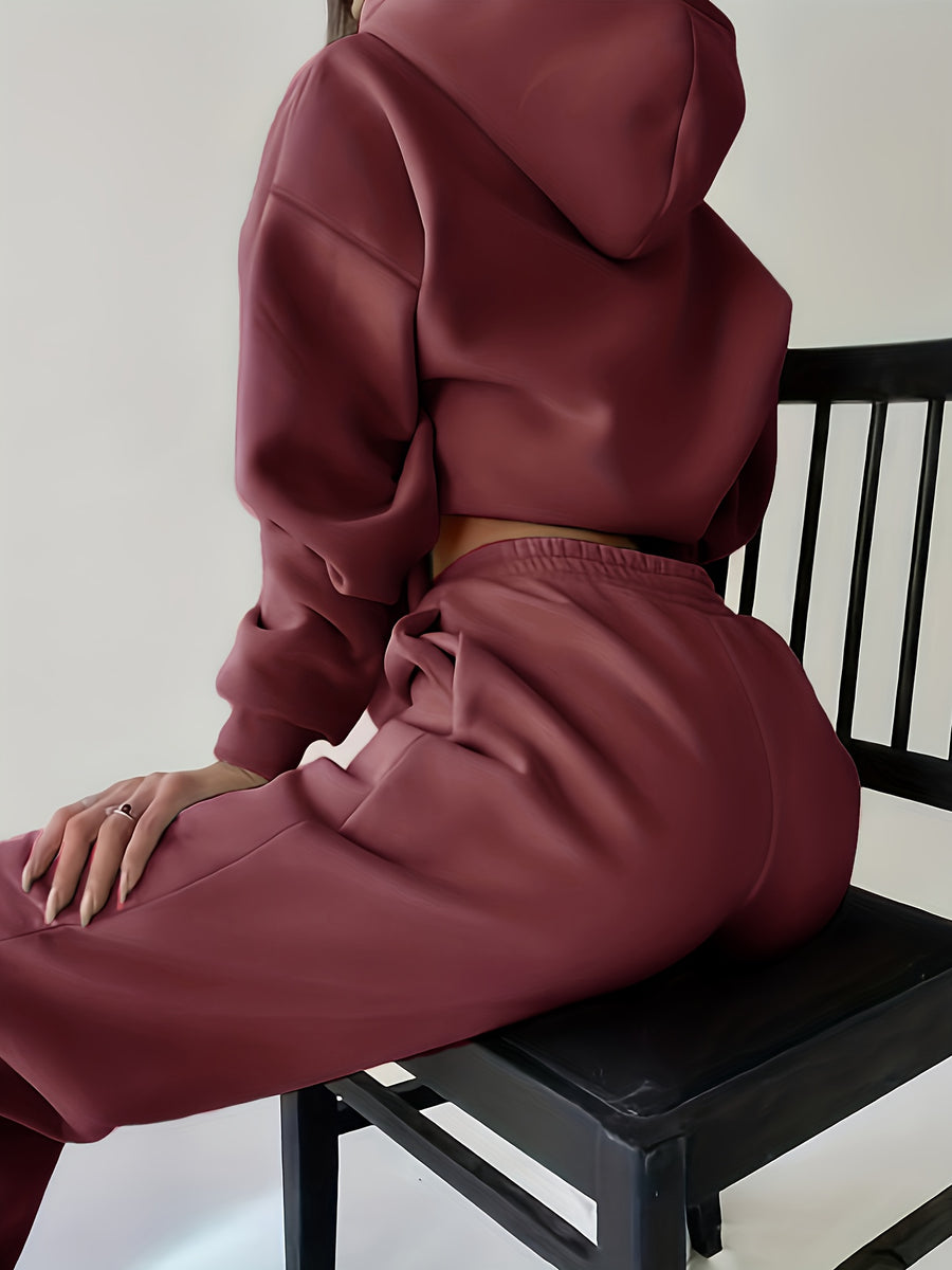 Women's Autumn/Winter New Hooded Sweatshirt Solid Color Set - Bean color