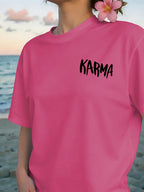 Front And Back Print T-Shirt, Cause And Effect, KARMA Pattern Women'S Round Neck Casual Short Sleeve Top, Trendy Fashion Casual Style, Women'S Double-Sided Printed Top, Round Neck Women'S Short Sleeve T-Shirt S-XXL - Rose Red