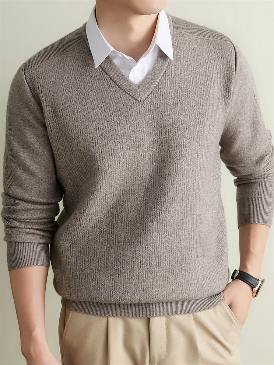 Men's Solid Color V-Neck Sweater - Warm Winter Knit Pullover with V-Neck Collar, Basic Long Sleeve Knitwear Suitable for Fall and Winter, Casual Office Wear, Hand Washable Regular Fit Sweater for Layering - Camel