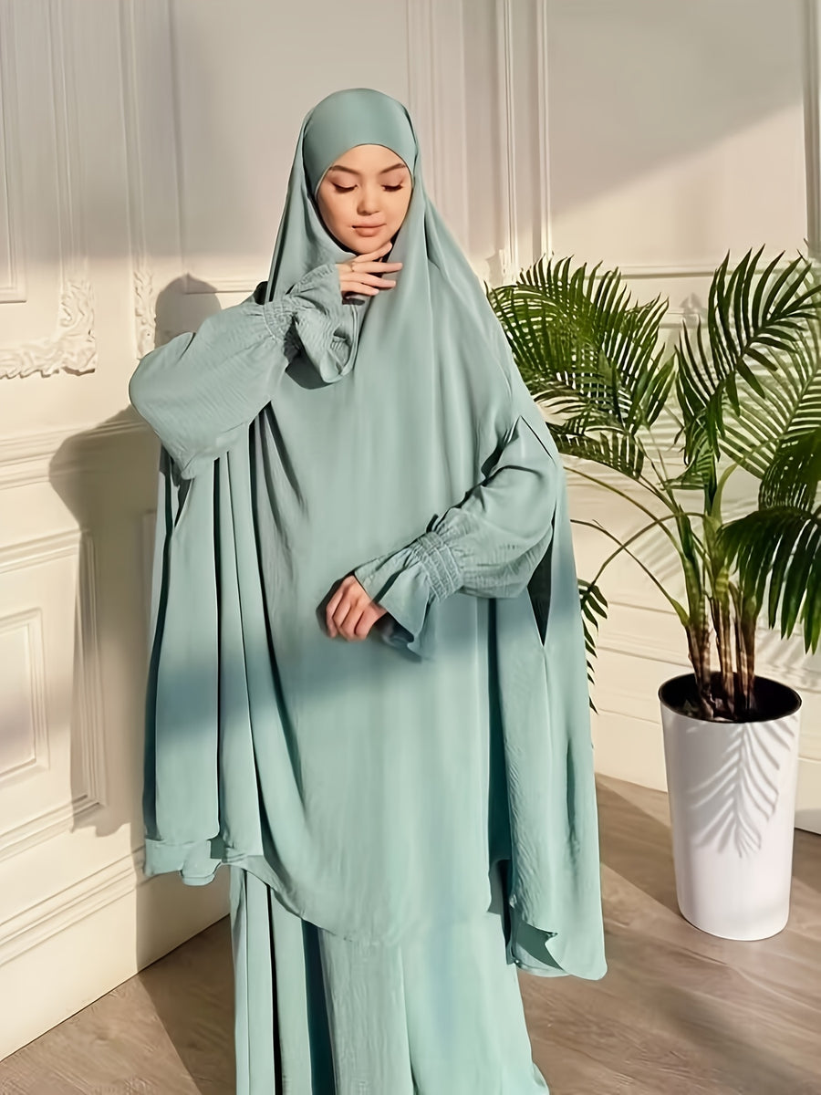 Abaya Middle Eastern Islamic Clothing Loose Comfortable Robe Headscarf with Long Sleeve Dress Two-Piece Set P403 - Malachite Green