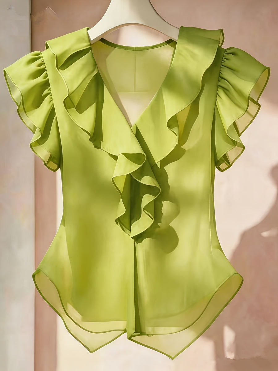 Summer French Solid Ruffled Fly Short Sleeve Shirt Chiffon Top Women'S - Matcha Color