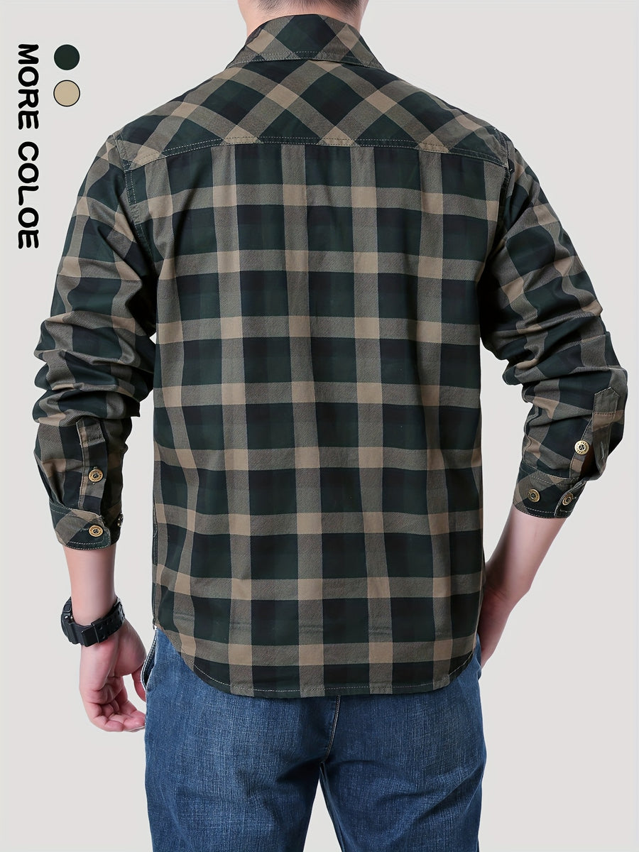 New Men'S Plaid Long-Sleeve Shirt Made of Pure, Washed for a Vintage Look, Lightweight with Double Pockets, Breathable Fabric Suitable for Spring And Autumn, Perfect for Outdoor Leisure - Olive Green