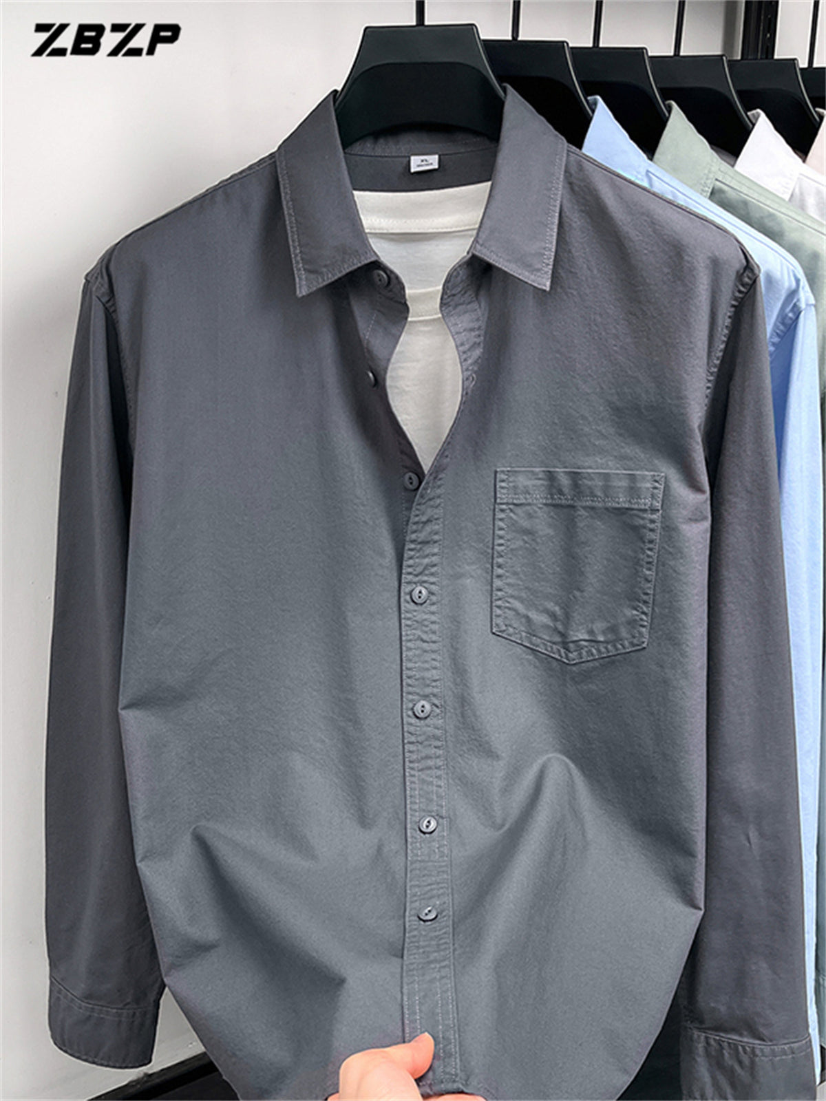 ZBZP New Spring/Autumn Men's Business Casual Long-Sleeve Shirt, Trendy and Versatile Dress Shirt YM - Ash-grey
