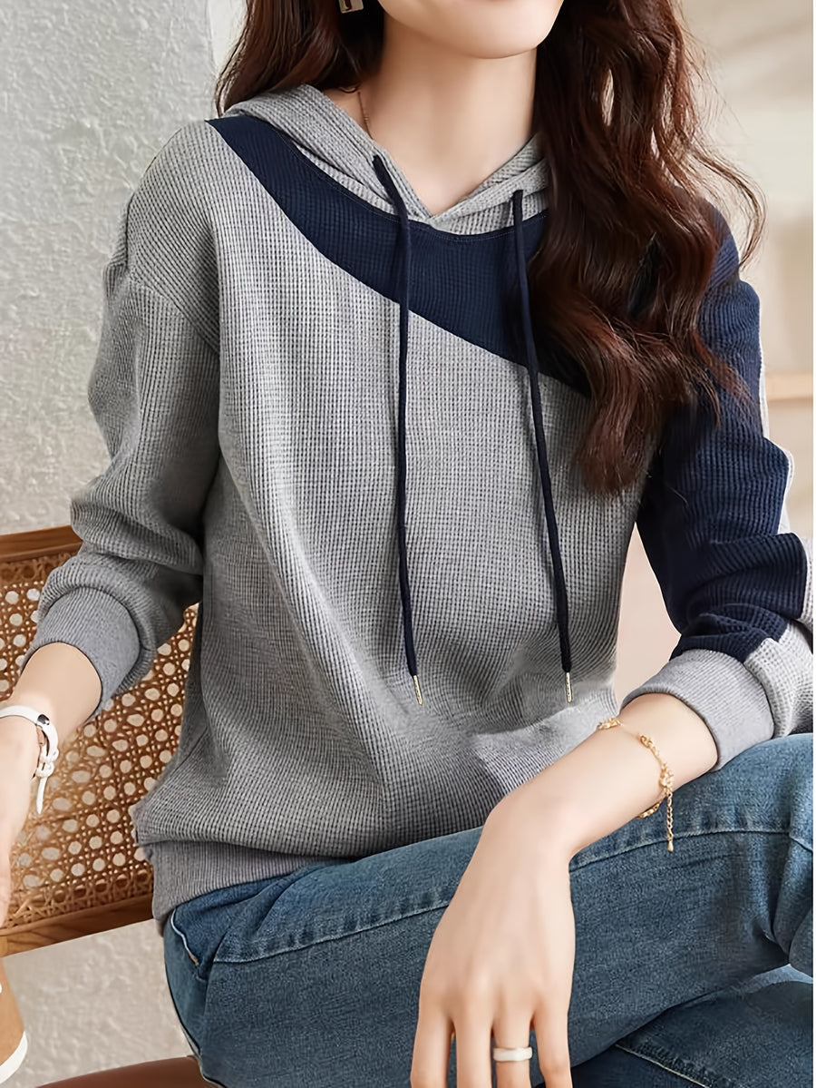 Spring/Autumn Women's Hooded Color-Block Patchwork Casual Commuter Diagonal Color-Block Waffle Texture Daily Commute Top - Light Grey