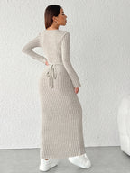 Elegant Women'S Solid Color Round Neck Long Sleeve Minimalist Casual Dress - Khaki