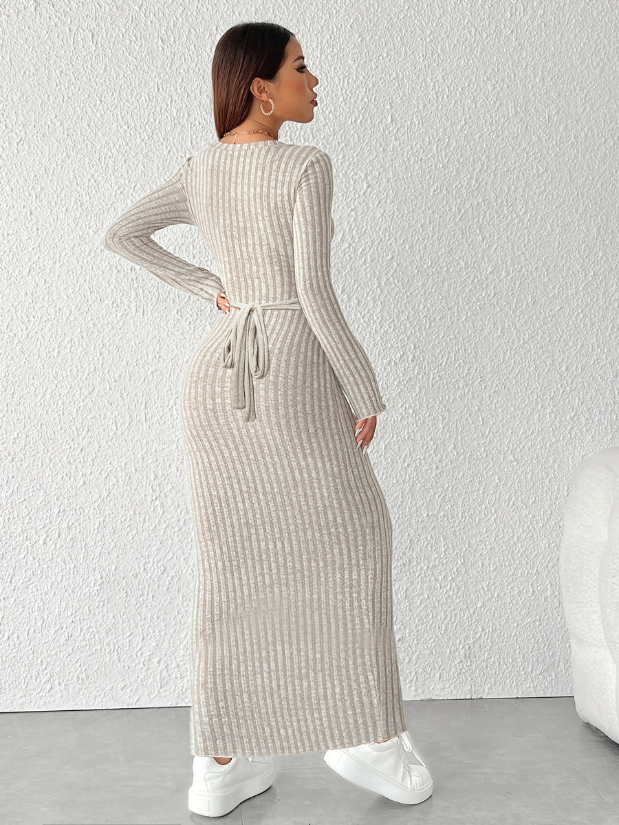 Elegant Women'S Solid Color Round Neck Long Sleeve Minimalist Casual Dress - Khaki