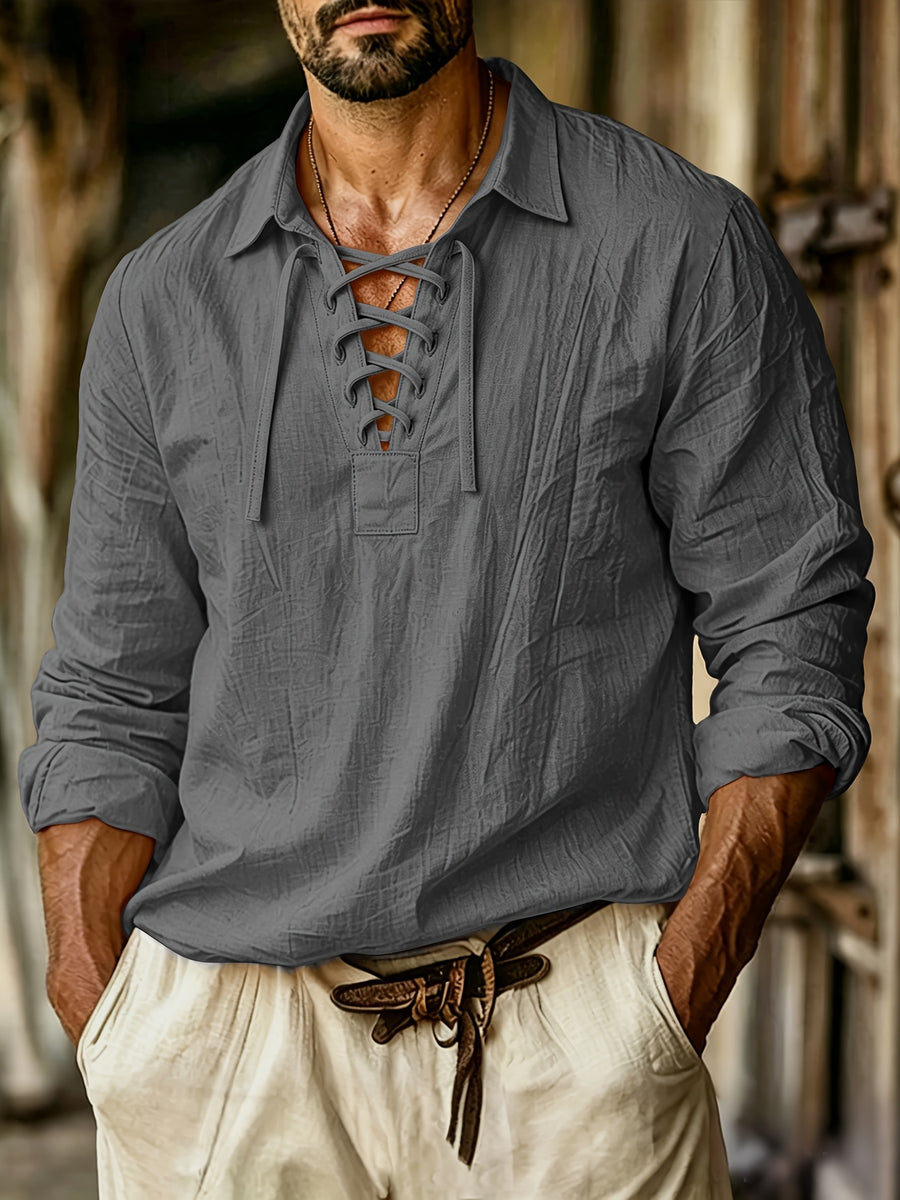 Men's Vintage Lace-Up Lapel Long-Sleeve Linen Shirt Casual Pullover Textured Shirt - Grey