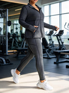 Plus Size Women's Tracksuit (Jacket + Leggings) | Zipper Pockets, Stand Collar, Contrast Stitching | Casual Yoga, Fashion Streetwear, Outdoor Running, Sports, Tennis, Golf, Commute | Elegant, Gift Idea - Dark Gray