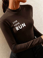 Women'S Easy Trendy Warm Long Sleeve Half Turtleneck Base Layer Top, Hot Trendy LOVE RUN Letter Print Pattern, Spring Autumn Winter New Casual Age-Reducing Stylish Long Sleeve Top, Fashionable Elegant Design Layering - Coffee Color